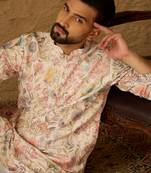 Men off white viscose rayon floral printed straight kurta