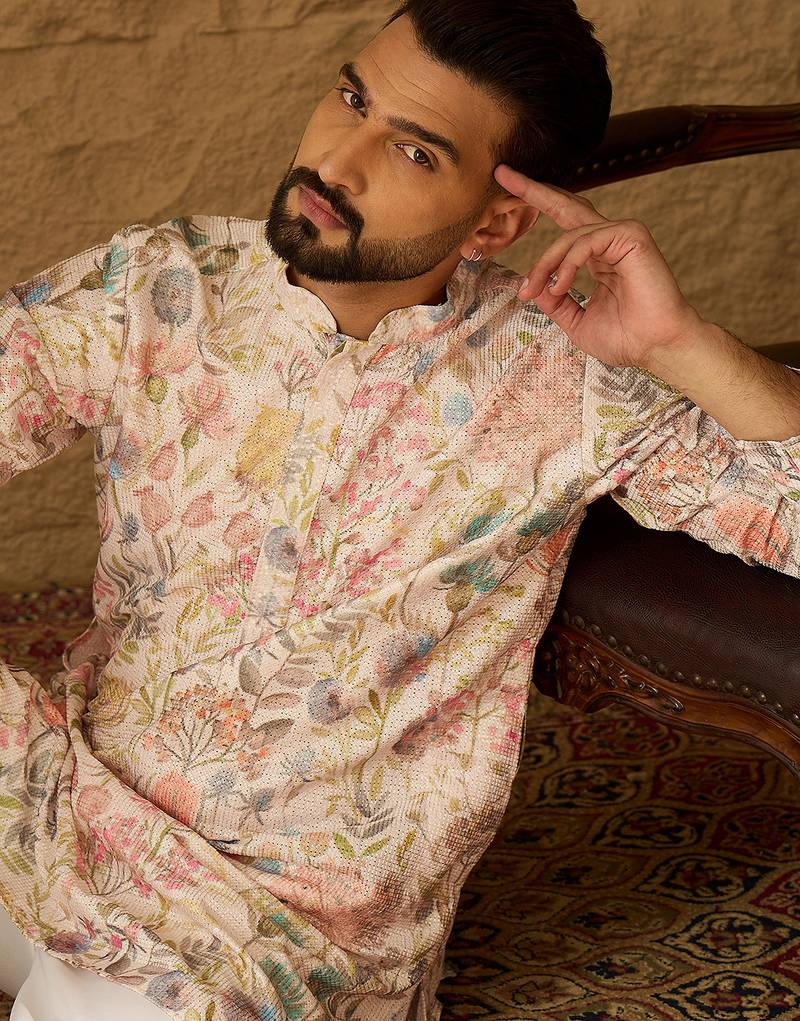 Men off white viscose rayon floral printed straight kurta