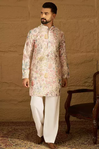 Men off white viscose rayon floral printed straight kurta