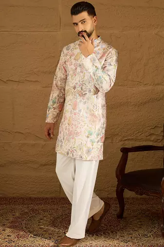Men off white viscose rayon floral printed straight kurta