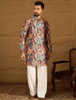 Men grey silk blend floral printed straight kurta 2