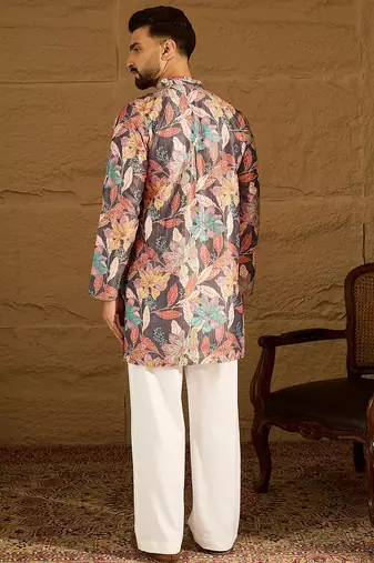 Men grey silk blend floral printed straight kurta
