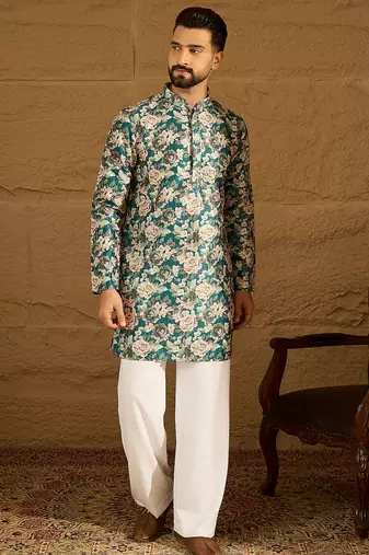 Men teal silk blend floral printed straight kurta