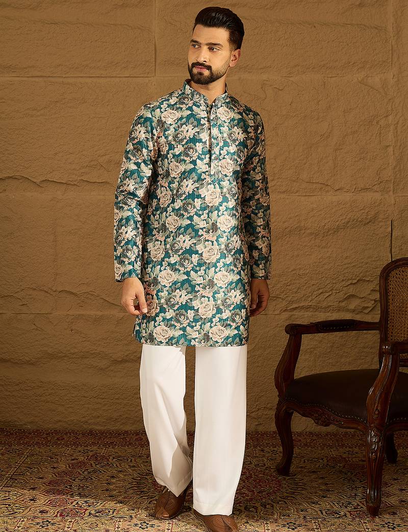 Men teal silk blend floral printed straight kurta