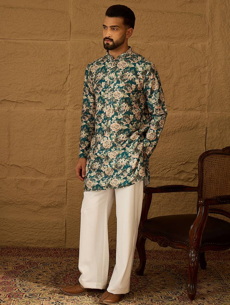 Men teal silk blend floral printed straight kurta