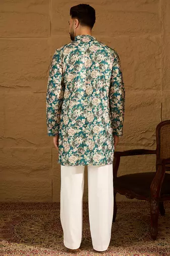 Men teal silk blend floral printed straight kurta