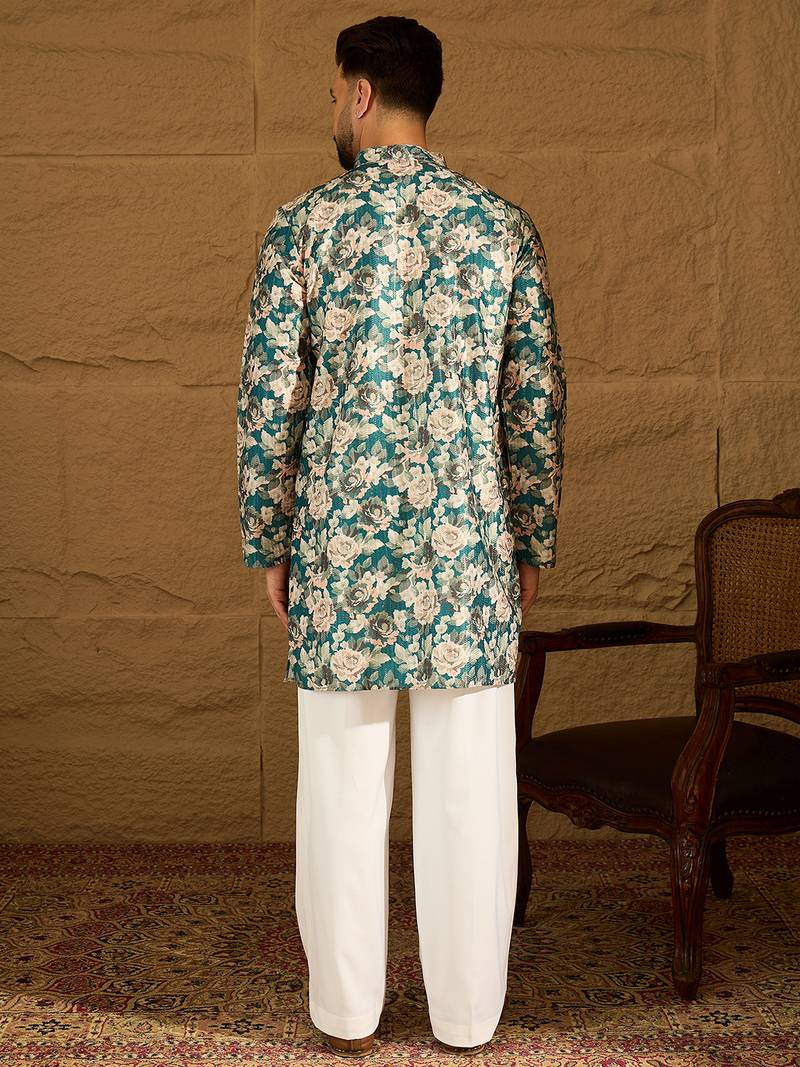 Men teal silk blend floral printed straight kurta