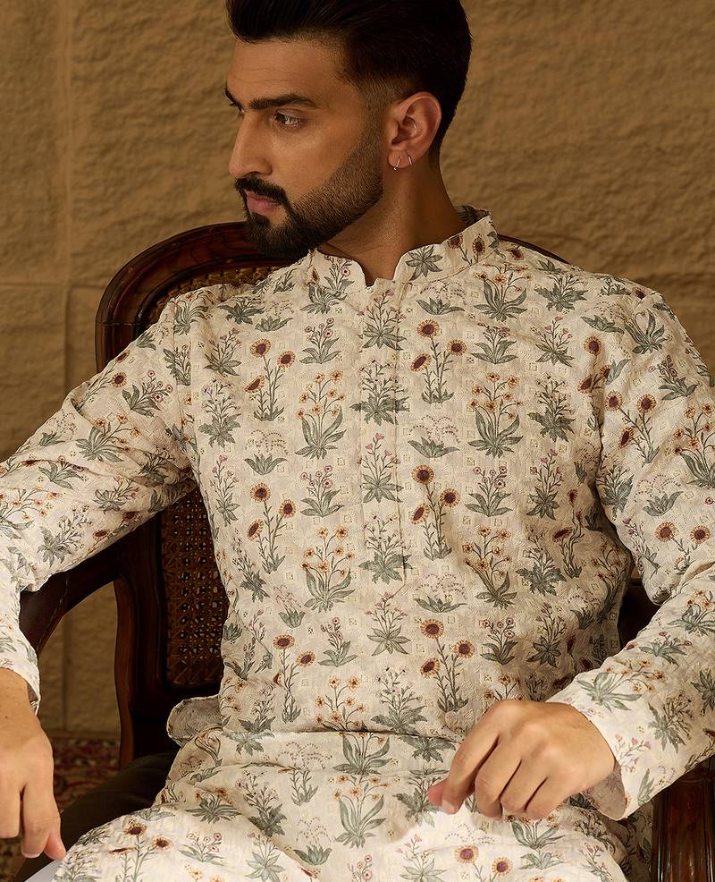 Men off white viscose rayon floral printed straight kurta