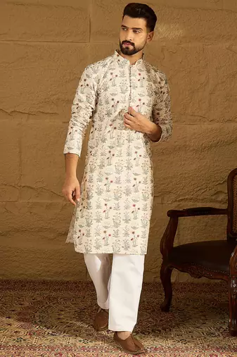 Men off white viscose rayon floral printed straight kurta