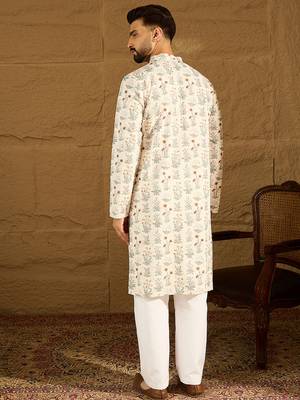 Men off white viscose rayon floral printed straight kurta 4