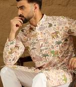 Men cream viscose rayon ethnic motifs printed straight kurta