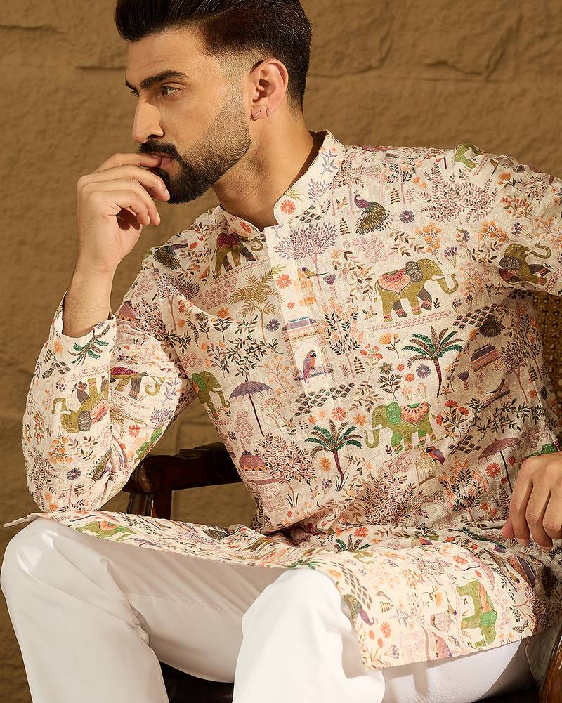 Men cream viscose rayon ethnic motifs printed straight kurta