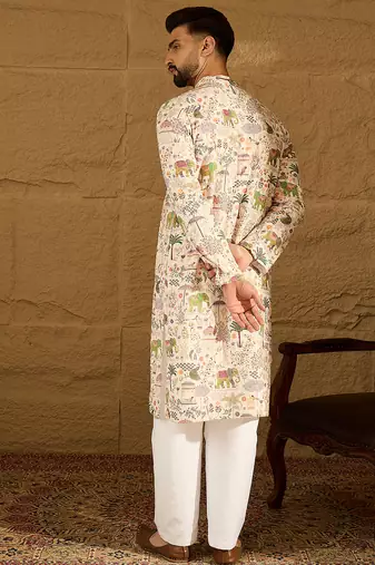 Men cream viscose rayon ethnic motifs printed straight kurta