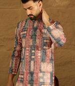 Men brown viscose rayon ethnic motifs printed straight kurta