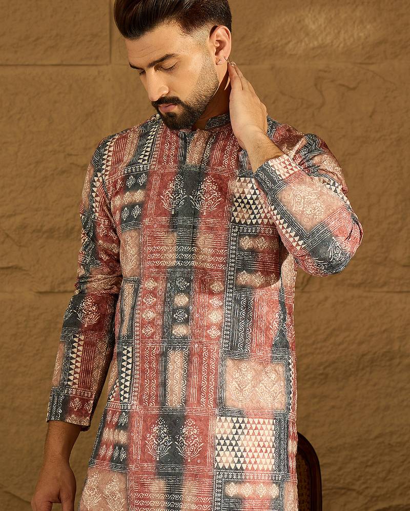 Men brown viscose rayon ethnic motifs printed straight kurta