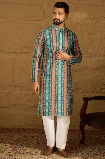 Men blue viscose rayon ethnic motifs printed straight kurta