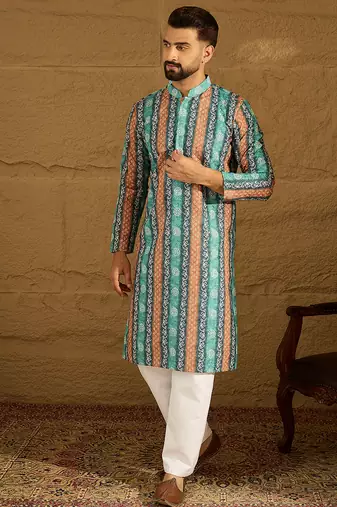 Men blue viscose rayon ethnic motifs printed straight kurta