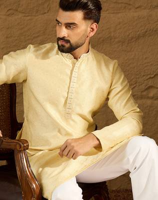 Men beige silk blend solid printed straight kurta 1