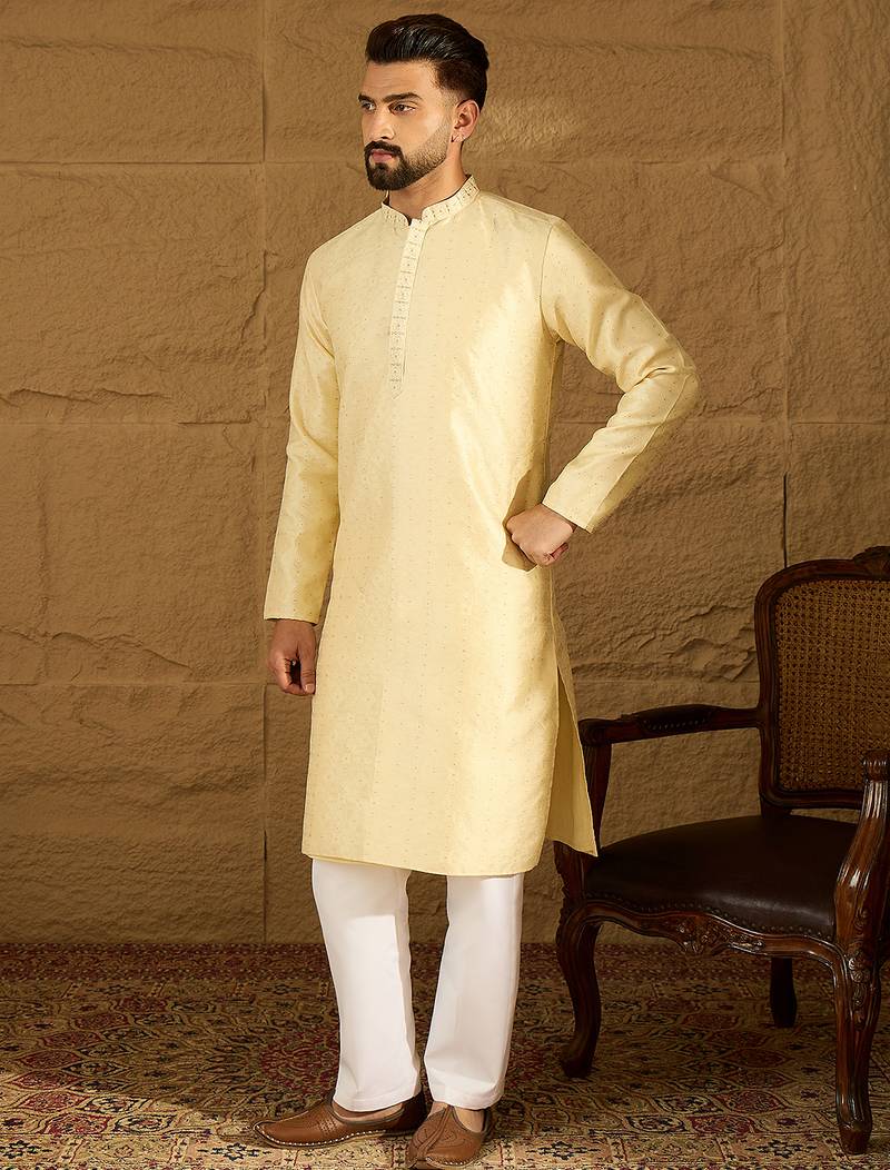Men beige silk blend solid printed straight kurta