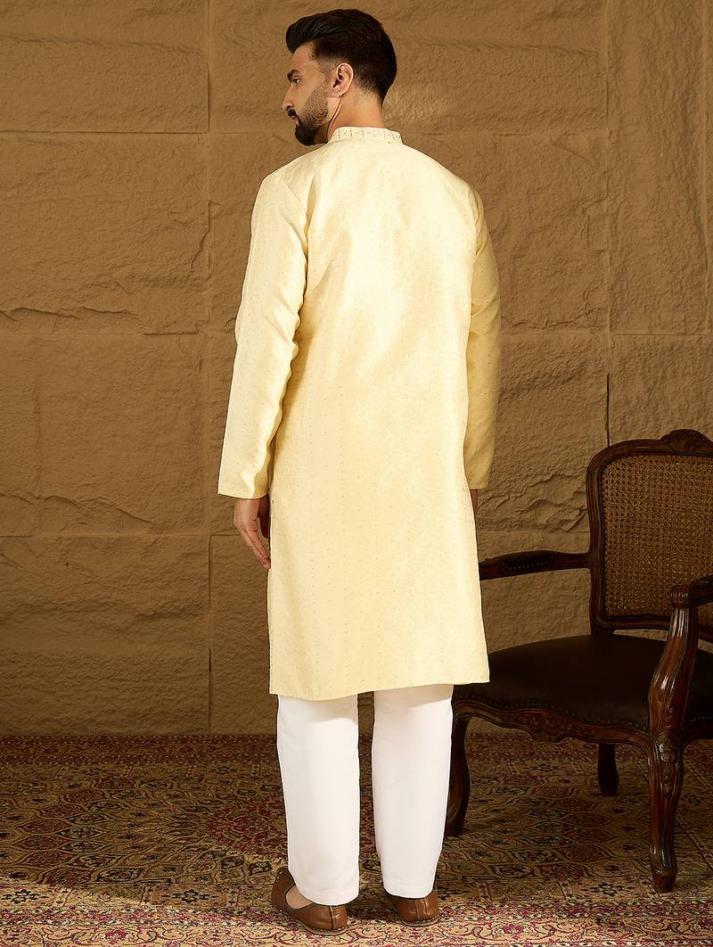 Men beige silk blend solid printed straight kurta