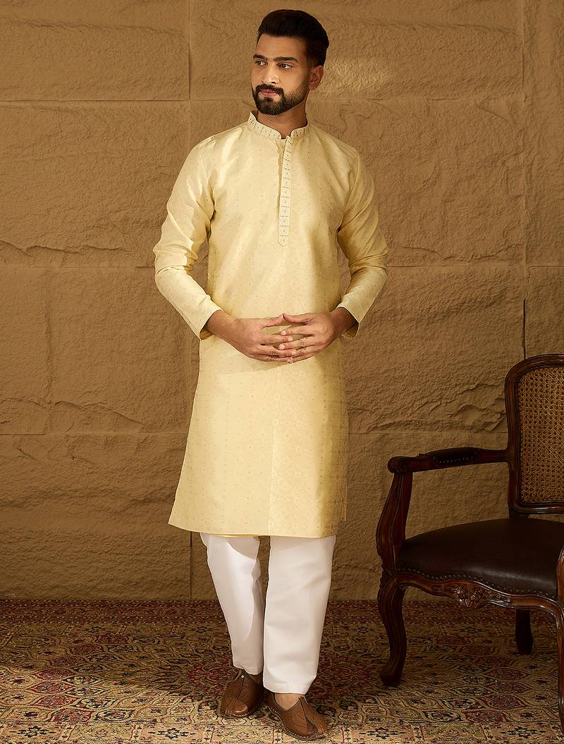 Men beige silk blend solid printed straight kurta