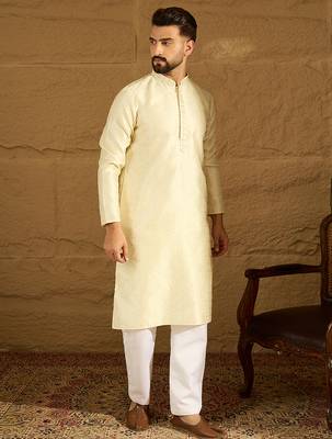 Men yellow silk blend solid printed straight kurta 3