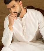 Men white silk blend solid printed straight kurta