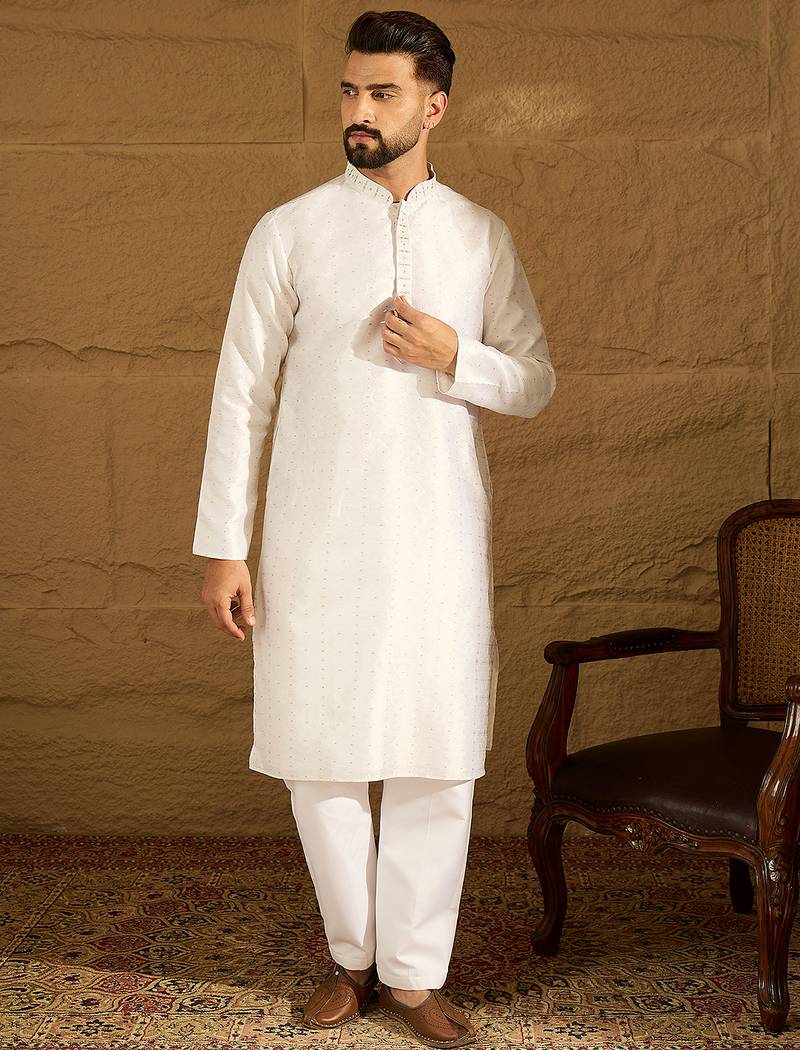 Men white silk blend solid printed straight kurta