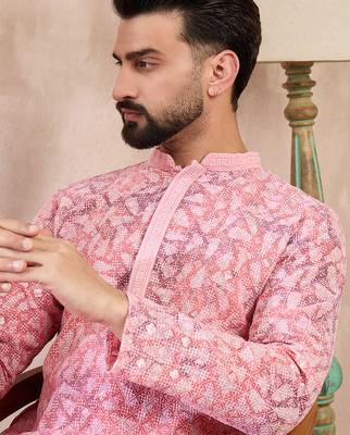 Men pink viscose rayon ethnic motifs embroidered straight kurta 1