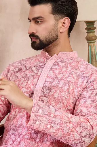 Men pink viscose rayon ethnic motifs embroidered straight kurta