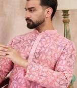 Men pink viscose rayon ethnic motifs embroidered straight kurta