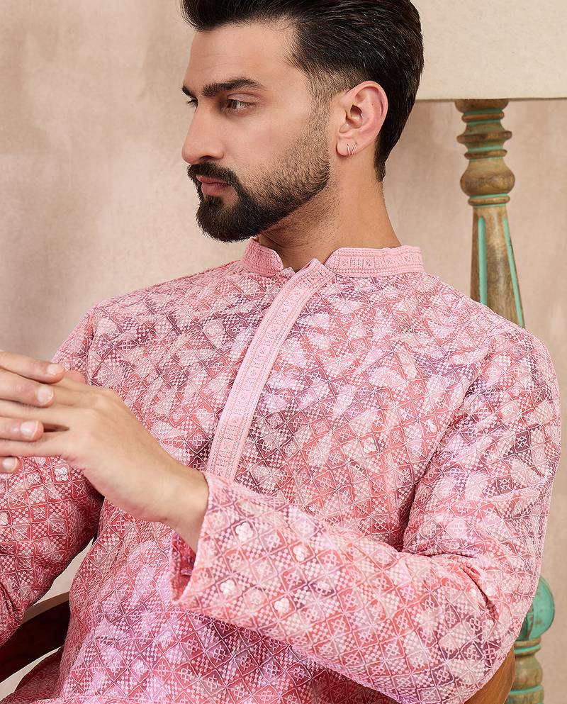Men pink viscose rayon ethnic motifs embroidered straight kurta