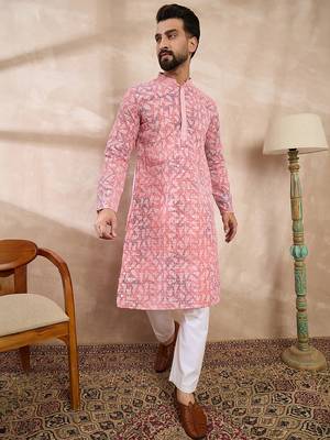 Men pink viscose rayon ethnic motifs embroidered straight kurta 3