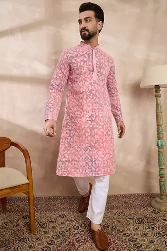 Men pink viscose rayon ethnic motifs embroidered straight kurta