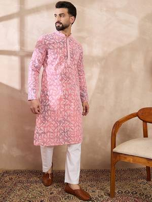 Men pink viscose rayon ethnic motifs embroidered straight kurta 5