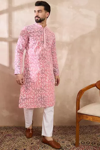 Men pink viscose rayon ethnic motifs embroidered straight kurta