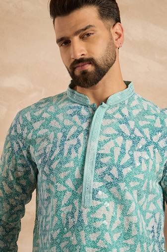 Men teal viscose rayon solid printed straight kurta