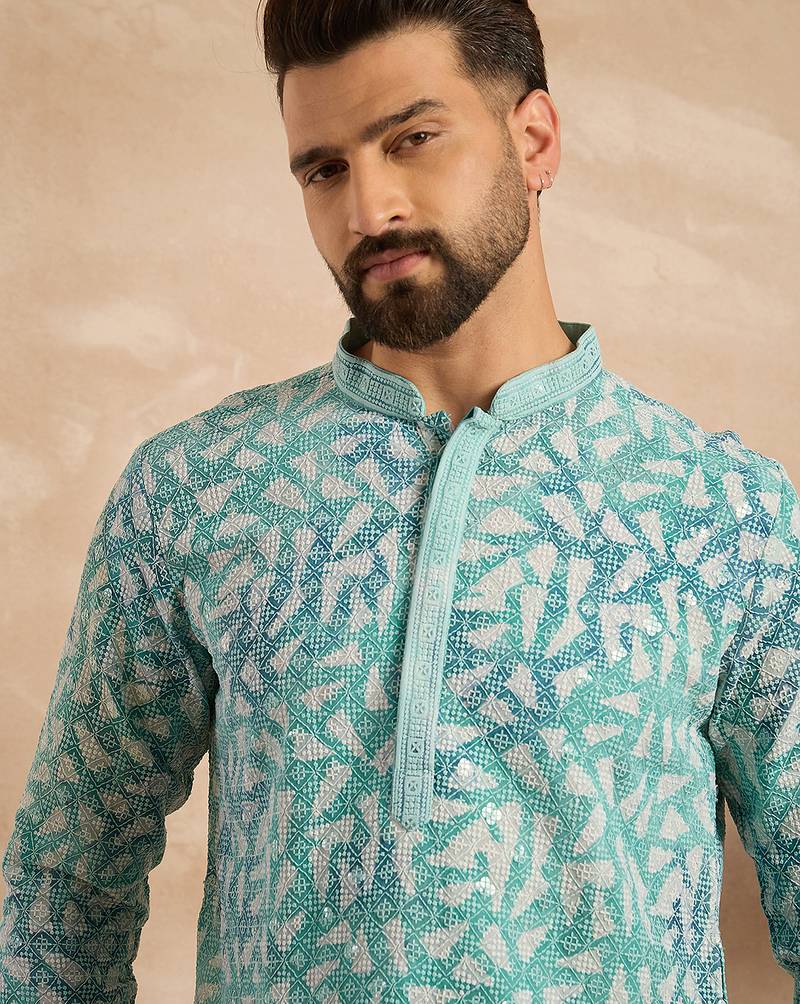 Men teal viscose rayon solid printed straight kurta