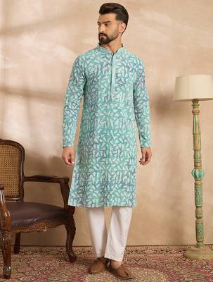 Men teal viscose rayon solid printed straight kurta 2
