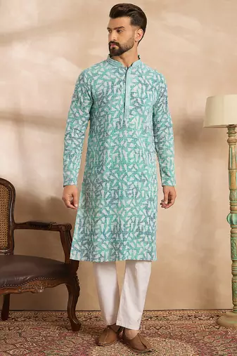 Men teal viscose rayon solid printed straight kurta