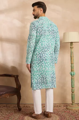Men teal viscose rayon solid printed straight kurta