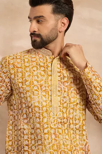 Men yellow viscose rayon batik embroidered straight kurta