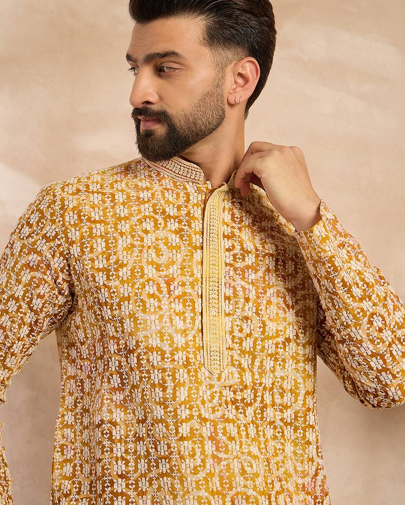 Men yellow viscose rayon batik embroidered straight kurta