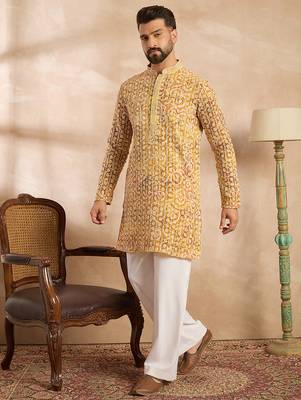 Men yellow viscose rayon batik embroidered straight kurta 3