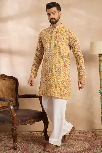 Men yellow viscose rayon batik embroidered straight kurta