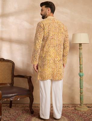 Men yellow viscose rayon batik embroidered straight kurta 4