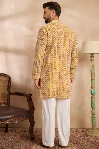 Men yellow viscose rayon batik embroidered straight kurta