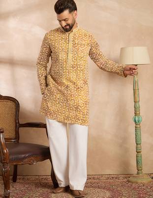Men yellow viscose rayon batik embroidered straight kurta 5