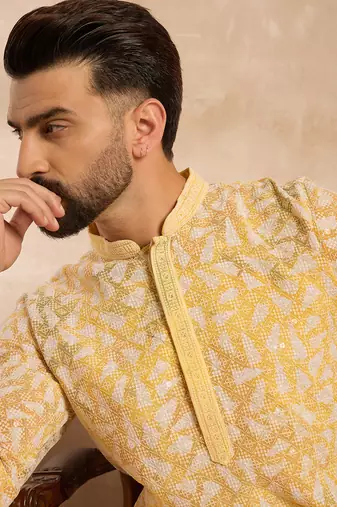 Men yellow viscose rayon solid printed straight kurta