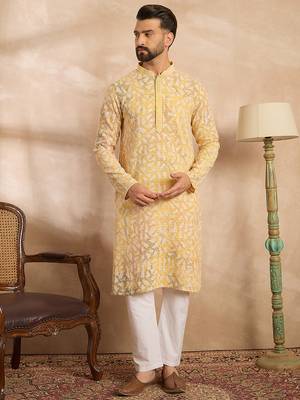 Men yellow viscose rayon solid printed straight kurta 2